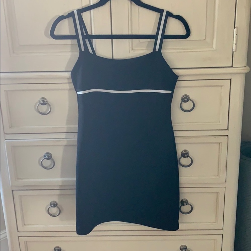 mini black dress, white and black ribbon detail
